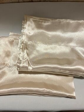 Two (2) Polyester Satin Cream / Beige Standard Size Pillow Cases for Hair & Skin